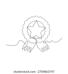 Insignia de premio con marca de verificación de dibujo continuo de una línea. Signo de línea de onda del contorno de la cinta de verificación de Aprobación. Ilustración vectorial aislada sobre fondo blanco.