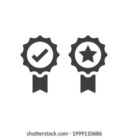 Insignia de premio con marca de verificación e icono del vector estrella. Símbolo negro de la medalla de la cinta de calidad.
