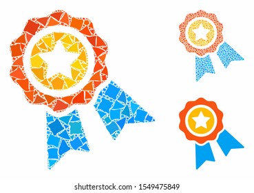 Award badge composition of uneven elements in various sizes and color tinges, based on award badge icon. Vector uneven items are composed into collage. Award badge icons collage with dotted pattern.