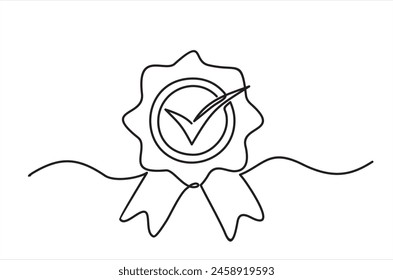 Insignia de premio de arte de línea continua dibujado. Signo de comprobación de Aprobación. Línea de contorno de certificado. Ilustración vectorial aislada en blanco.	