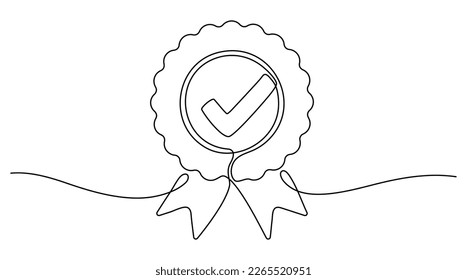 Award badge continuous one line art drawing. Approval check ribbon contour line sign. Vector illustration isolated on white.