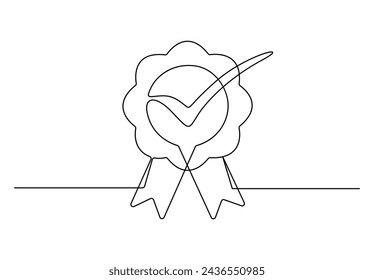 Award badge continuous one line drawing. Approval check sign. Isolated on white background vector illustration.
