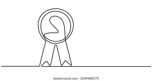 Award badge continuous one line drawing. Isolated on white background vector illustration. Pro vector, Continuous one line shape award isolated vector illustration. Award Ribbon Continuous Line Icon
