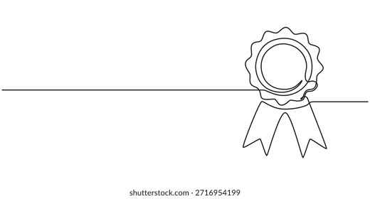 Award badge continuous one line drawing. Isolated on white background vector illustration. Pro vector, Continuous one line shape award isolated vector illustration. Award Ribbon Continuous Line Icon
