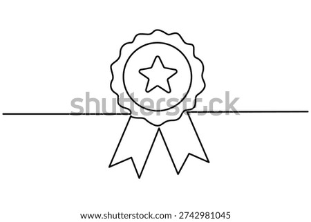 Award badge continuous one line drawing on white background minimalist outline vector illustration.Award ribbon badge continuous one line.Certificate award badge continuous one line drawing.