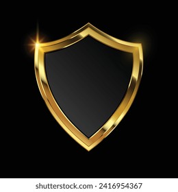 Gold shield shape icon. 3D golden emblem sign isolated on white background.  Symbol of security, power, protection. Badge shape shield graphic design  Vector illustration