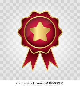 Award badge icon. Quality certificate symbol with gold star and red ribbon. Warranty badge. Vector illustration isolated on transparent background. - Powered by Shutterstock - Get 15% off with code: PIKWIZARD15
