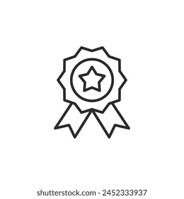 Award badge icon. Simple icon depicting a badge with a star and ribbons, representing recognition, quality and achievement in various fields such as education, sports and services. Vector illustration