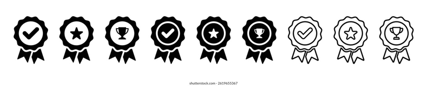 Award badge icons in solid and outline styles, featuring checkmark, star, and trophy symbols. Ideal for achievement, success, certification, competition, and winner themes.