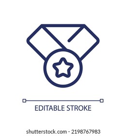 Award badge pixel perfect linear ui icon. Reward top student. Outstanding achievement. GUI, UX design. Outline isolated user interface element for app and web. Editable stroke. Arial font used