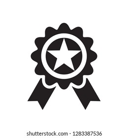 Award badge with ribbon - black icon on white background vector illustration for website, mobile application, presentation, infographic. Certificate champion winner concept sign. Medal design. 