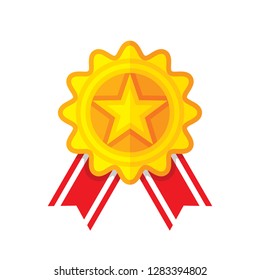 Award badge with ribbon - icon on white background vector illustration for website, mobile application, presentation, infographic. Certificate champion winner concept sign. Medal design. 