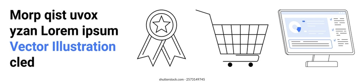 Award badge, shopping cart, and computer screen with location pin. Ideal for e-commerce website, online shopping, customer service, product recognition, digital marketing. Banner for landing page