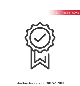 Award badge with tick mark or checkmark. Line vector icon, quality symbol.