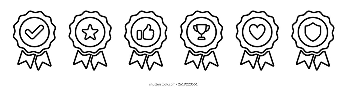Award badges with checkmark, star, thumbs up, trophy, heart, and shield icons, symbolizing success, excellence, approval, achievement, care, and security. Perfect for certifications. Badge, icons.