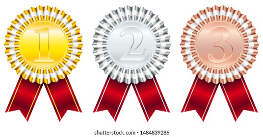 Award Badges Red Ribbon Small Stripe 1 Gold 2 Silver 3 Bronze