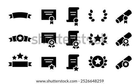 Award Badges. Rewards glyph solid icons collection. Set of trophy, medal, Achievement, Success, Certificates, Diplomas, Laurel Wreaths. For website marketing design, logo, app, template, ui