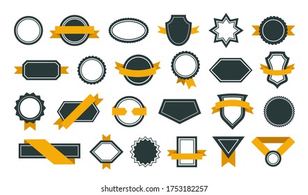 Award badges set. Festive winner ribbons and medals, best quality seals and stamps. Vector illustrations for certificates and labels design, market leader or winner concept