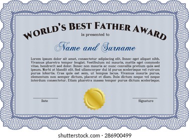 Award: Best dad in the world. With complex linear background. Nice design. Border, frame.