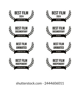 Award best film - feature motion picture, animated, documentary, independent movie nomination and winner, black and white vector icon set	