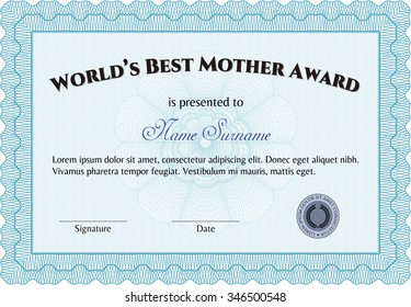 Award: Best Mom in the world. Complex design. With complex background. Border, frame.