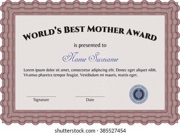 Award: Best Mom in the world. Retro design. With great quality guilloche pattern. 