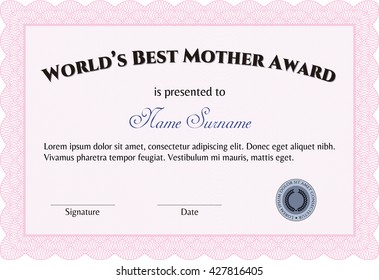 Award: Best Mom in the world. Retro design. With great quality guilloche pattern. 