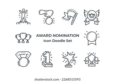 Award best nomination line vector icons set. Collection of awards champion doodle hand drawn