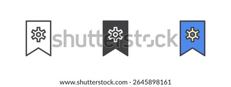 Award bookmark with gear in badge icon shown in line, solid and filled outline styles. Vector icon pack for bookmark settings. 