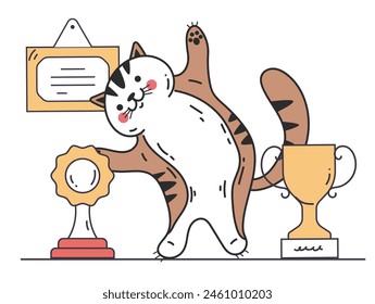 Galardonado personaje de gato con medallas de oro y copas concepto aislado. Ilustración de dibujos animados de Diseño gráfico plano de Vector