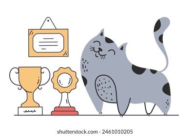 Award cat character with golden medals and cups isolated concept. Vector flat graphic design cartoon illustration