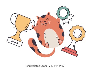 Award cat character with golden medals and cups isolated concept. Vector flat graphic design cartoon illustration
