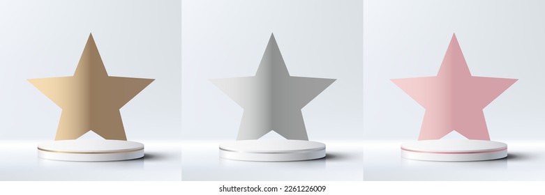 Award ceremony 3D realistic white podium platform stand with golden, silver, pink gold star backdrop minimal wall scene on white background. Display for spa and beauty, cosmetic product presentation