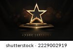 Award ceremony background and 3d gold star element on podium and glitter light effects decorations and bokeh. Vector illustration.