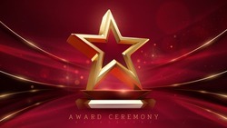 Award Ceremony Background With 3d Gold Star Element And Glitter Light Effect Decoration.