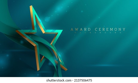 Award ceremony background and 3d gold star shape with green ribbon element and glitter light effect decoration and bokeh.