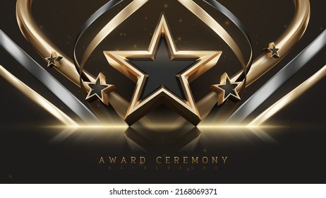 Fondo de la ceremonia de premiación con la estrella dorada 3d y el elemento de cinta y la decoración de efecto luminoso brillante.