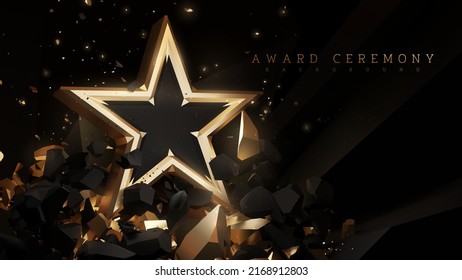 Award ceremony background with 3d gold star element and stone decoration with glitter light effect.