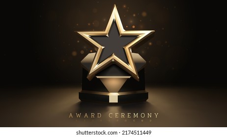 Award ceremony background with 3d gold star element and glitter light effect decoration and bokeh.