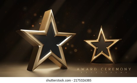 Award ceremony background with 3d gold star element and shining light effect decoration and bokeh.