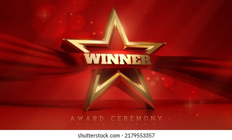 Award ceremony background and 3d gold star with red silk ribbon decoration with winner text and glitter light effect elements.