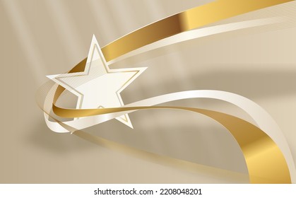 Award ceremony background with 3d gold star and ribbon element and glitter light effect decoration. Vector.