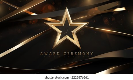 Fondo de la ceremonia de premiación con la estrella dorada 3d y el elemento de cinta y la decoración de efecto luminoso brillante.