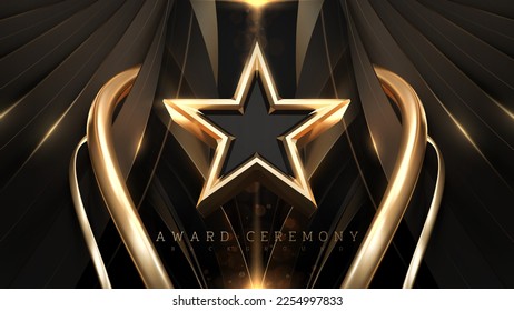 Award ceremony background with 3d gold star and ribbon element and glitter light effect decoration.