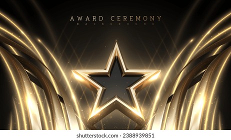 Award ceremony background with 3d gold star and ribbon element and glitter light effect decoration.