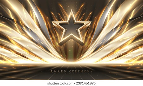 Award ceremony background with 3d gold star and ribbon element and glitter light effect decoration.