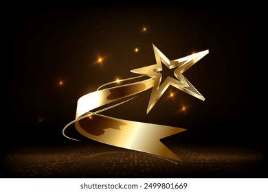 Award ceremony background with 3d gold star and ribbon element and glitter light effect decoration.