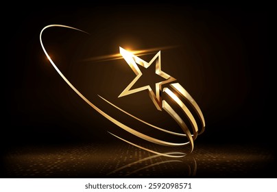 Award ceremony background with 3d gold star and ribbon element and glitter light effect decoration.