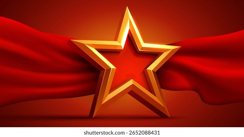 Award ceremony background and 3d gold star with red silk ribbon decoration. Vector illustration