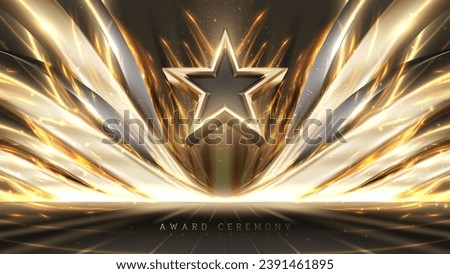 Award ceremony background with 3d gold star and ribbon element and glitter light effect decoration.